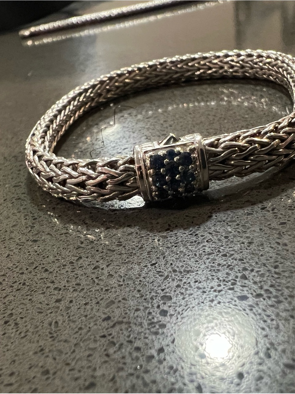 John Hardy Sterling Silver Braided Bracelet with Blue sapphire Stone Accent